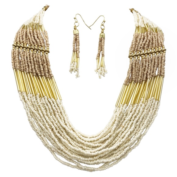 Fashion Jewelry Jewelry - Layered Seed Bead Cream Ivory Necklace Earring Set